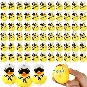 Shappy 100 Pcs Cruise Duck Bulk with Sunglasses Sets 2 x 1.9 x 2.4 Inch Mini Sailing Rubber Ducks Summer Ship Toy Squeaky Party Duckies for Birthday Favors (Yellow)