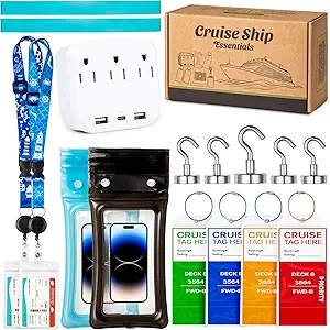 Cruise Essentials 2026 - Cruise Must Haves Kit with Non-Surge Protector Power Strip, Lanyard with ID Holder, Magnetic Hooks, Luggage Tag Set, Towel Bands, Waterproof Phone Holder - Travel Essentials